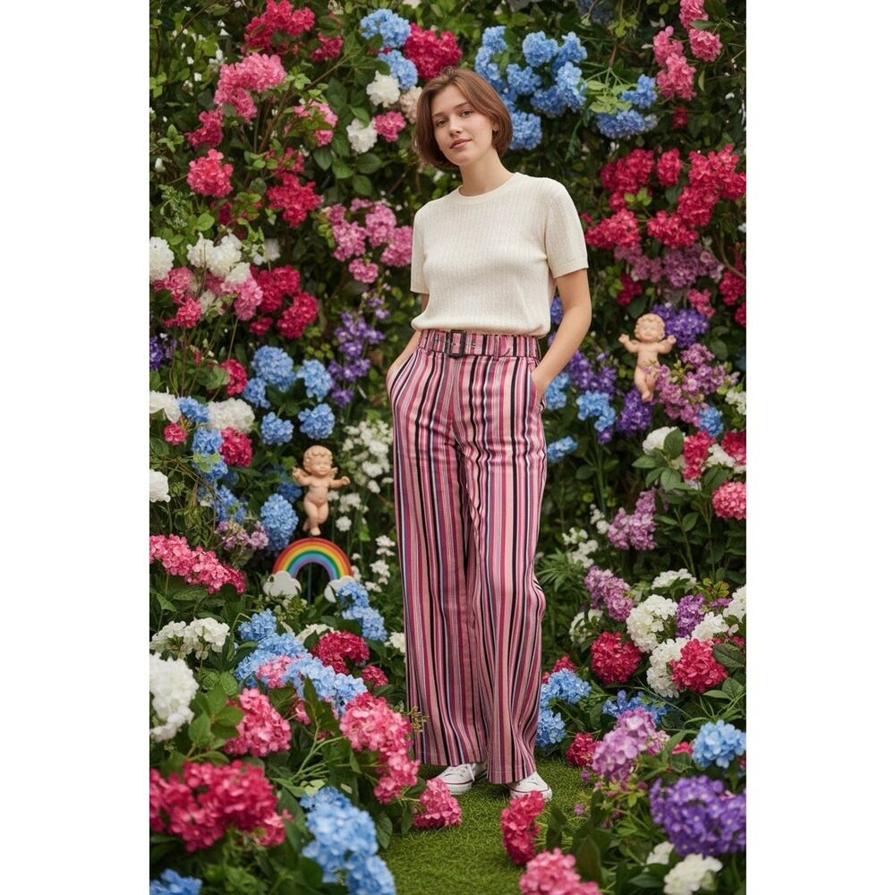 Vintage Y2K Cache Women's 2 Pink Candy Stripe Belted Pants Colorful Barbiecore